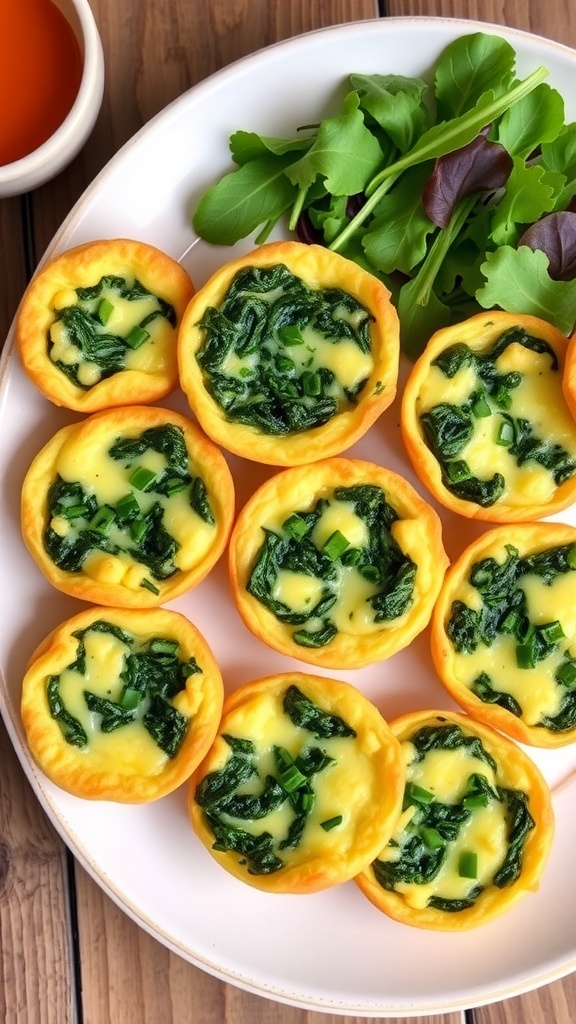Mini spinach and cheese quiches on a plate, garnished with herbs, served with mixed greens.